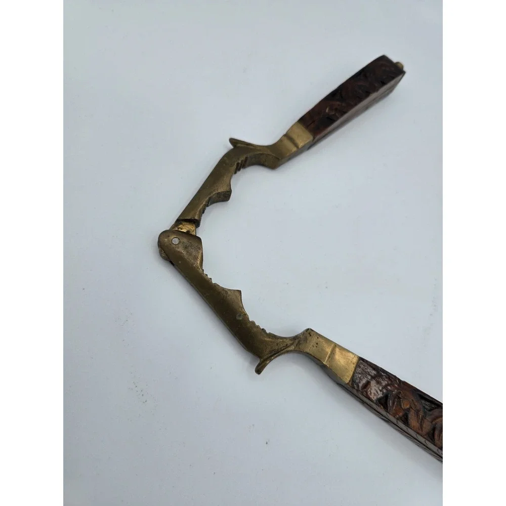Vintage Wooden and Brass‎ Nutcracker with Hand-Carved Floral Design